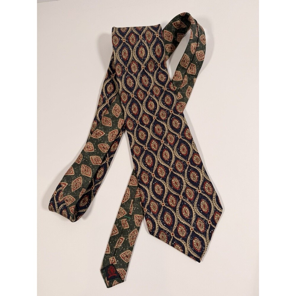 VTG Tommy Hilfiger Silk Tie 90s Geometric Medallion Green Navy Red Preppy